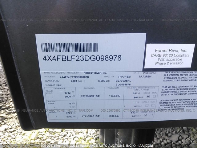 4X4FBLF23DG098978 - 2013 FOREST RIVER RIVER BLUE  白色 照片 9