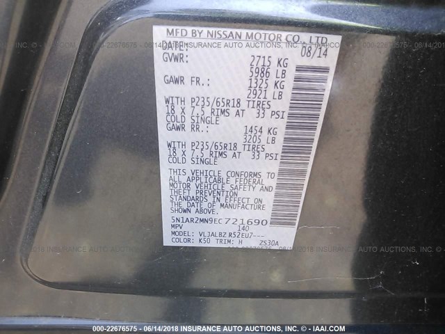 5N1AR2MN9EC721690 - 2014 NISSAN PATHFINDER S/SV/SL/PLATINUM 蓝色 照片 9