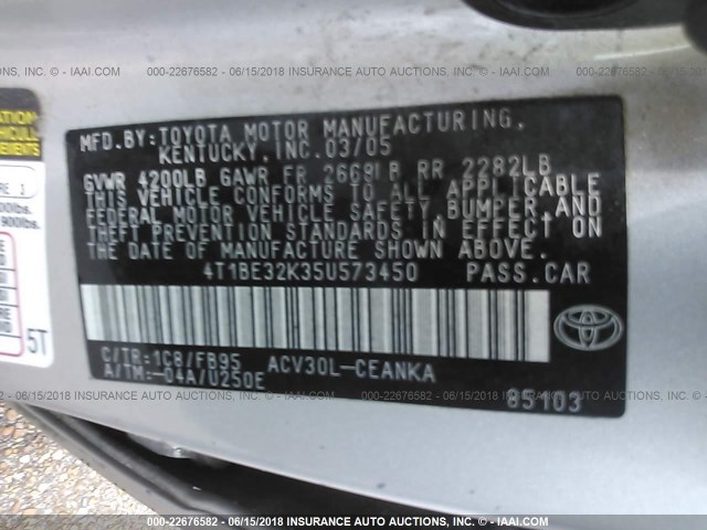 4T1BE32K35U573450 - 2005 TOYOTA CAMRY LE/XLE/SE ნაცრისფერი ფოტო 9