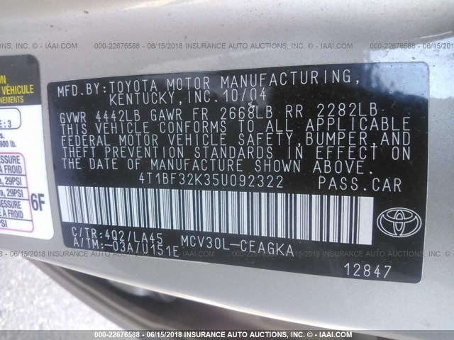 4T1BF32K35U092322 - 2005 TOYOTA CAMRY LE/XLE/SE ოქროსფერი ფოტო 9