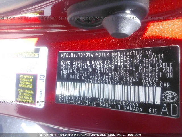 2T1BU4EE1BC723115 - 2011 TOYOTA COROLLA S/LE RED photo 9