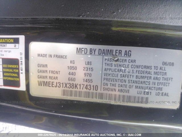 WMEEJ31X38K174310 - 2008 SMART FORTWO PURE/PASSION YELLOW photo 9