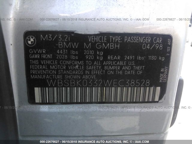WBSBK0332WEC38528 - 1998 BMW M3 SILVER photo 9