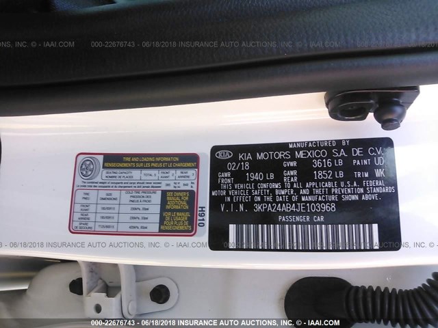 3KPA24AB4JE103968 - 2018 KIA RIO LX/S WHITE photo 9