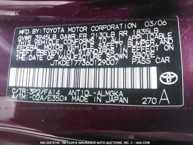 JTKDE177360129007 - 2006 TOYOTA SCION TC 栗色 照片 9