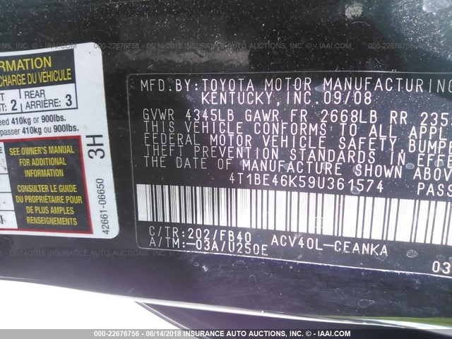 4T1BE46K59U361574 - 2009 TOYOTA CAMRY SE/LE/XLE 黑色 照片 9