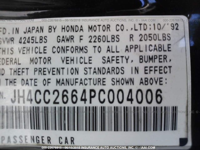 JH4CC2664PC004006 - 1993 ACURA VIGOR GS BLACK photo 9