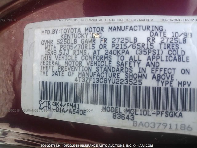 4T3ZF13C8YU223525 - 2000 TOYOTA SIENNA LE/XLE RED photo 9