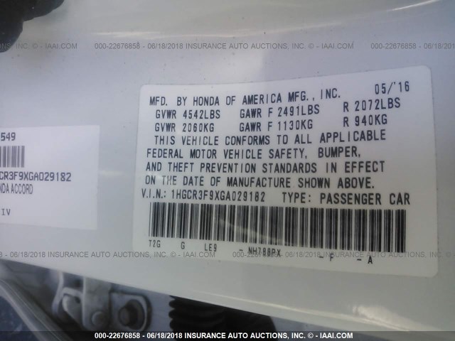 1HGCR3F9XGA029182 - 2016 HONDA ACCORD TOURING WHITE photo 9