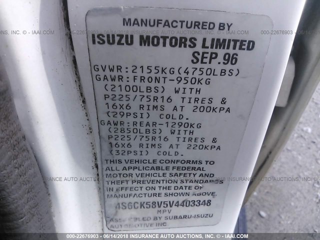 4S6CK58V5V4403348 - 1997 HONDA PASSPORT EX/LX თეთრი ფოტო 9