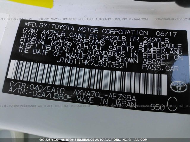 JTNB11HK7J3013521 - 2018 TOYOTA CAMRY L/LE/XLE/SE/XSE WHITE photo 9