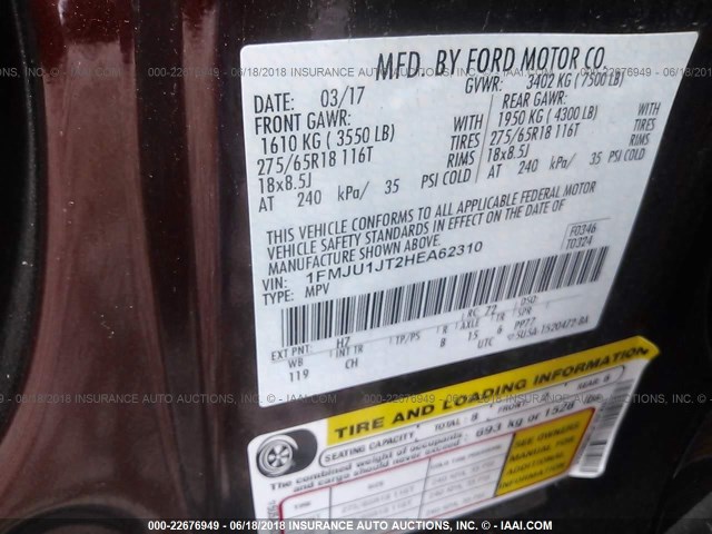 1FMJU1JT2HEA62310 - 2017 FORD EXPEDITION XLT/KING RANCH MAROON photo 9