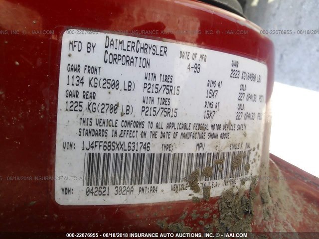 1J4FF68SXXL631746 - 1999 JEEP CHEROKEE SPORT/CLASSIC წითელი ფოტო 9