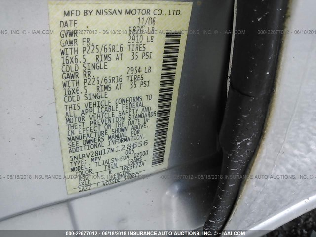 5N1BV28U17N128656 - 2007 NISSAN QUEST S/SE/SL SILVER photo 9