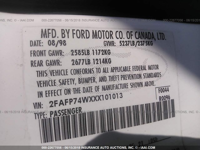 2FAFP74WXXX101013 - 1999 FORD CROWN VICTORIA LX WHITE photo 9