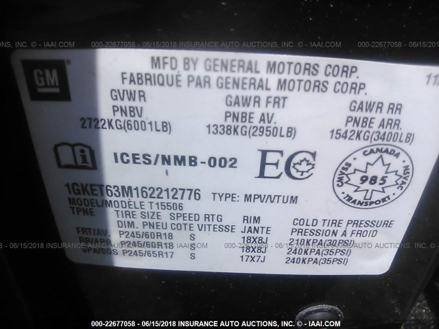 1GKET63M162212776 - 2006 GMC ENVOY DENALI BLACK photo 9