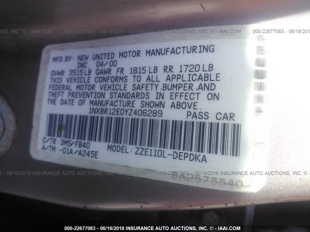 1NXBR12E0YZ406289 - 2000 TOYOTA COROLLA VE/CE/LE 金色 照片 9