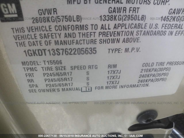 1GKDT13S762205635 - 2006 GMC ENVOY BEIGE photo 9