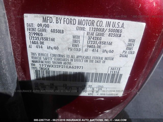 1FTWX32F21EA63971 - 2001 FORD F350 SUPER DUTY RED photo 10