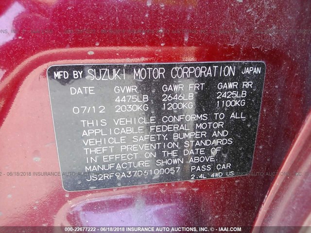 JS2RF9137D6100057 - 2013 SUZUKI KIZASHI SE RED photo 9