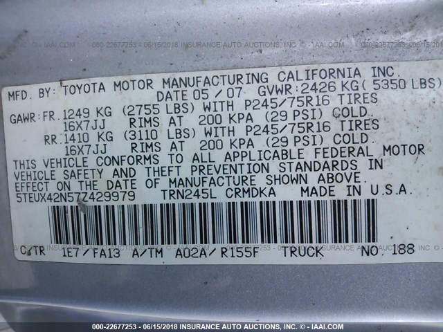 5TEUX42N57Z429979 - 2007 TOYOTA TACOMA ACCESS CAB SILVER photo 9