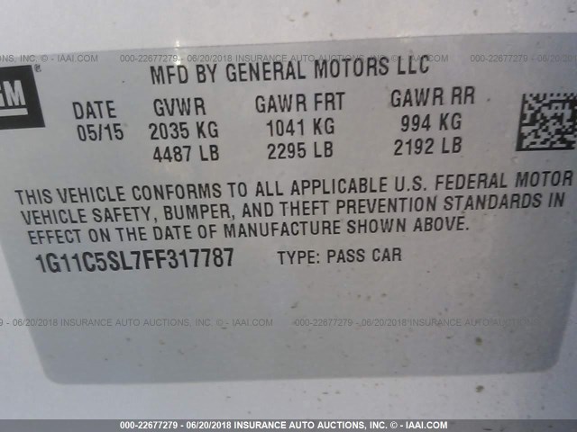 1G11C5SL7FF317787 - 2015 CHEVROLET MALIBU 1LT 银色 照片 9