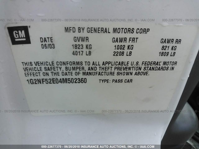 1G2NF52E04M502360 - 2004 PONTIAC GRAND AM SE1 WHITE photo 9