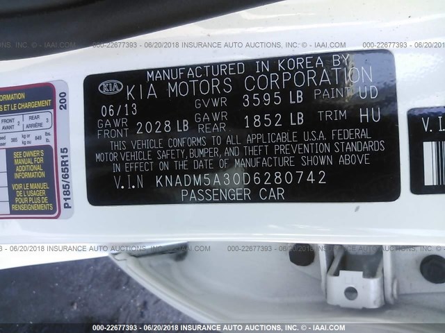 KNADM5A30D6280742 - 2013 KIA RIO LX WHITE photo 9