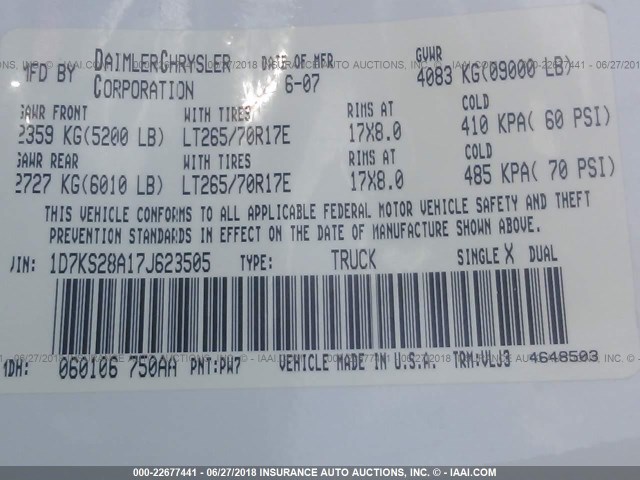 1D7KS28A17J623505 - 2007 DODGE RAM 2500 ST/SLT 白色 照片 9