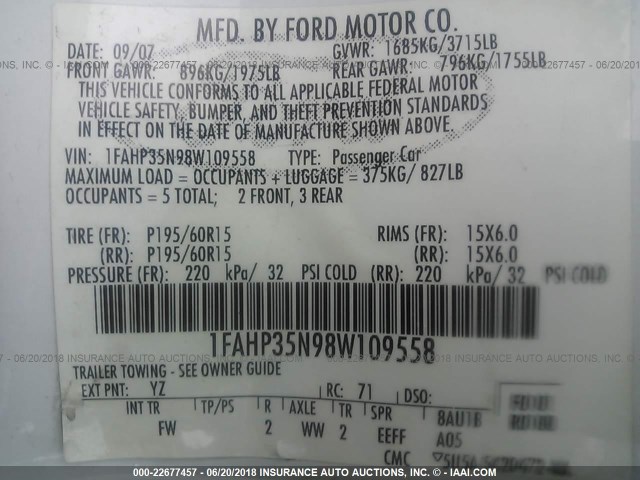 1FAHP35N98W109558 - 2008 FORD FOCUS SE/SEL/SES WHITE photo 9