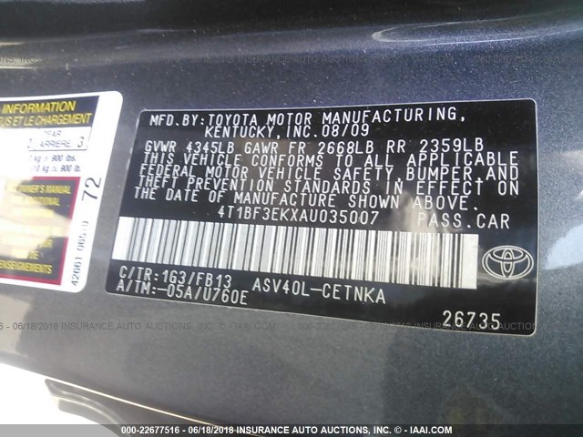 4T1BF3EKXAU035007 - 2010 TOYOTA CAMRY SE/LE/XLE 灰色 照片 9