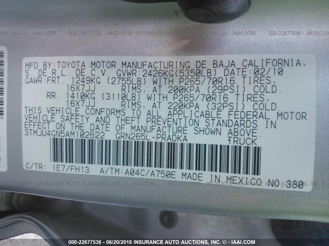 3TMJU4GN5AM102622 - 2010 TOYOTA TACOMA DOUBLE CAB PRERUNNER SILVER photo 9