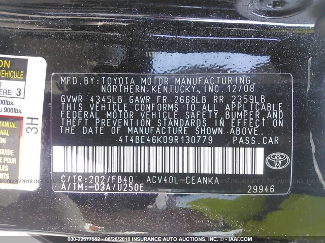 4T4BE46K09R130779 - 2009 TOYOTA CAMRY SE/LE/XLE BLACK photo 9