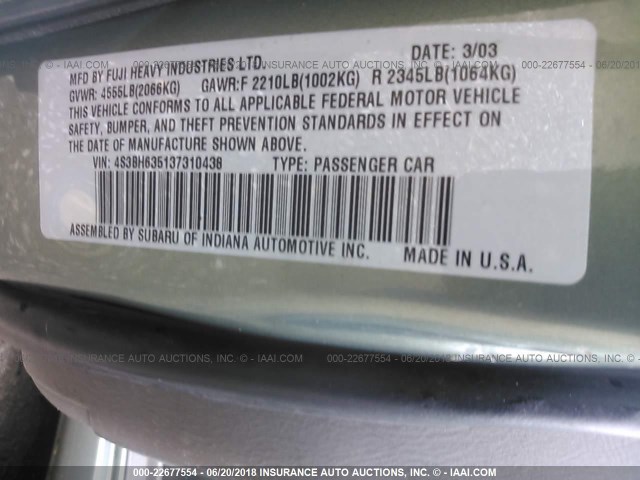 4S3BH635137310438 - 2003 SUBARU LEGACY L/L SPECIAL GREEN photo 9