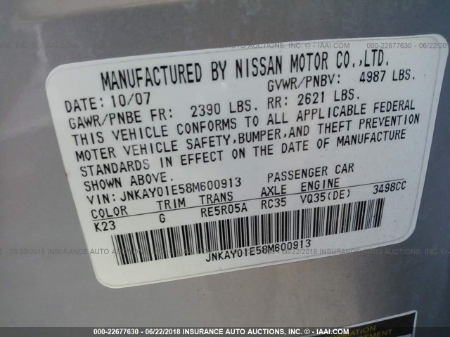 JNKAY01E58M600913 - 2008 INFINITI M35 SPORT SILVER photo 9