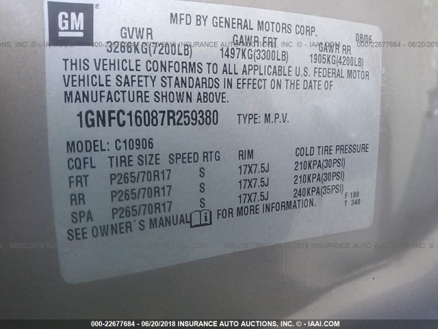 1GNFC16087R259380 - 2007 CHEVROLET SUBURBAN C1500 GRAY photo 9