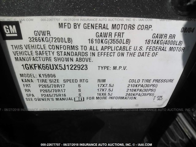 1GKFK66UX5J122923 - 2005 GMC YUKON XL DENALI GRAY photo 9