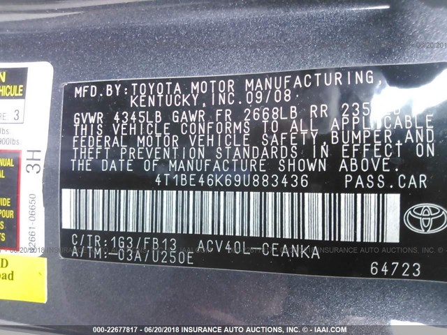 4T1BE46K69U883436 - 2009 TOYOTA CAMRY SE/LE/XLE ნაცრისფერი ფოტო 9