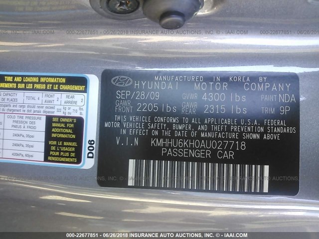 KMHHU6KH0AU027718 - 2010 HYUNDAI GENESIS COUPE 3.8L GRAY photo 9