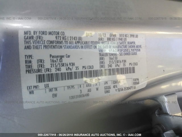 1FADP3F25EL187058 - 2014 FORD FOCUS SE ვერცხლისფერი ფოტო 9