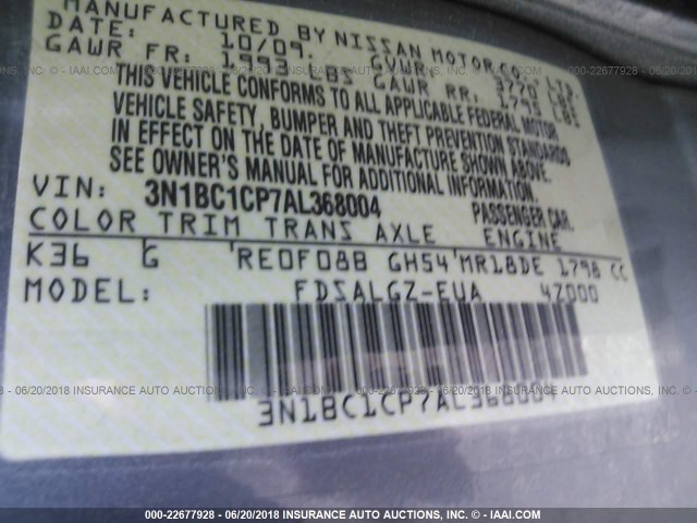 3N1BC1CP7AL368004 - 2010 NISSAN VERSA S/SL GRAY photo 9