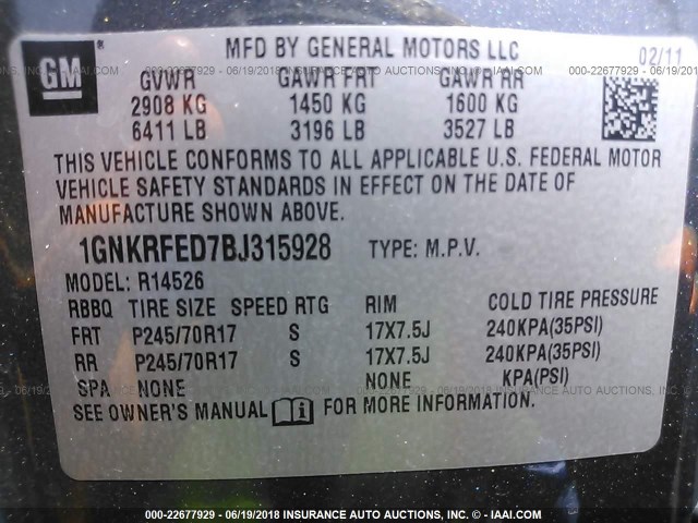 1GNKRFED7BJ315928 - 2011 CHEVROLET TRAVERSE LS GRAY photo 9