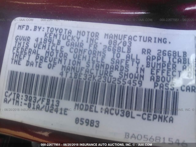 4T1BE32K23U255459 - 2003 TOYOTA CAMRY LE/XLE/SE Qırmızı foto 9