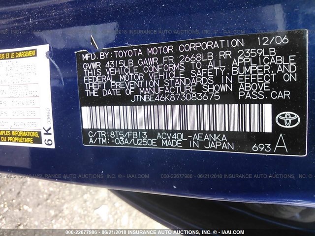 JTNBE46K873083675 - 2007 TOYOTA CAMRY NEW GENERATION CE/LE/XLE/SE BLUE photo 9