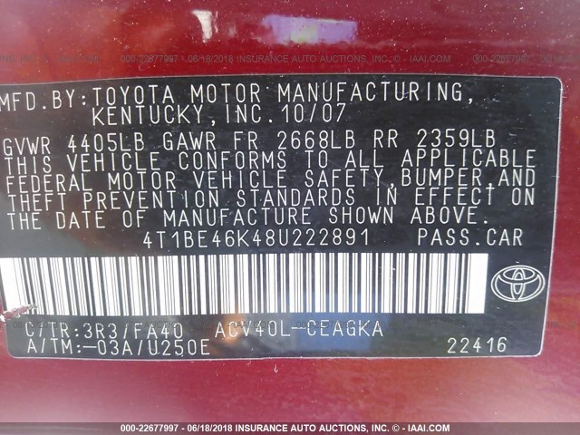 4T1BE46K48U222891 - 2008 TOYOTA CAMRY CE/LE/XLE/SE RED photo 9