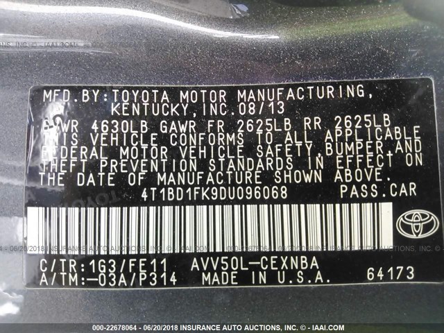 4T1BD1FK9DU096068 - 2013 TOYOTA CAMRY HYBRID/LE/XLE 灰色 照片 9