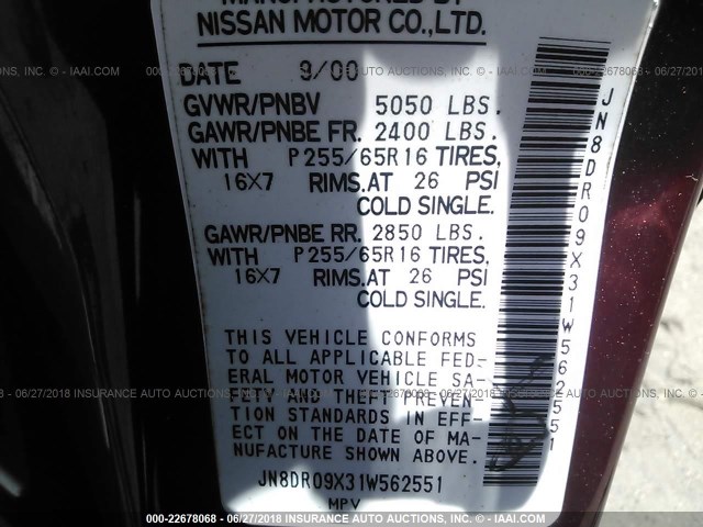 JN8DR09X31W562551 - 2001 NISSAN PATHFINDER LE/SE/XE MAROON photo 9