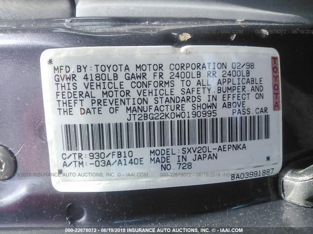 JT2BG22K0W0190995 - 1998 TOYOTA CAMRY CE/LE/XLE 灰色 照片 9