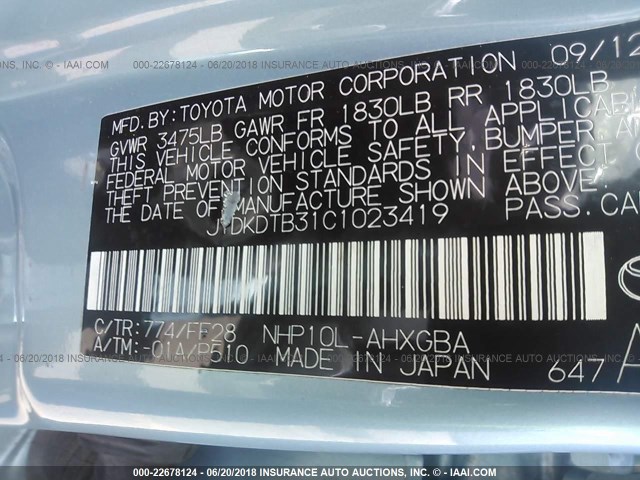 JTDKDTB31C1023419 - 2012 TOYOTA PRIUS C BLUE photo 9