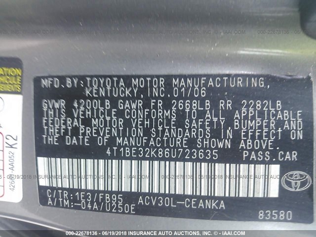 4T1BE32K86U723635 - 2006 TOYOTA CAMRY LE/XLE/SE 灰色 照片 9